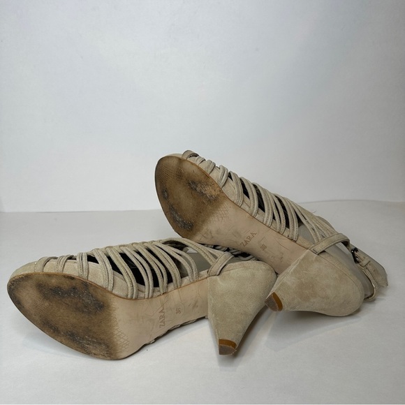 ZARA STRAPPY SANDALS NUDE BEIGE CAGE HEELS - Picture 9 of 11